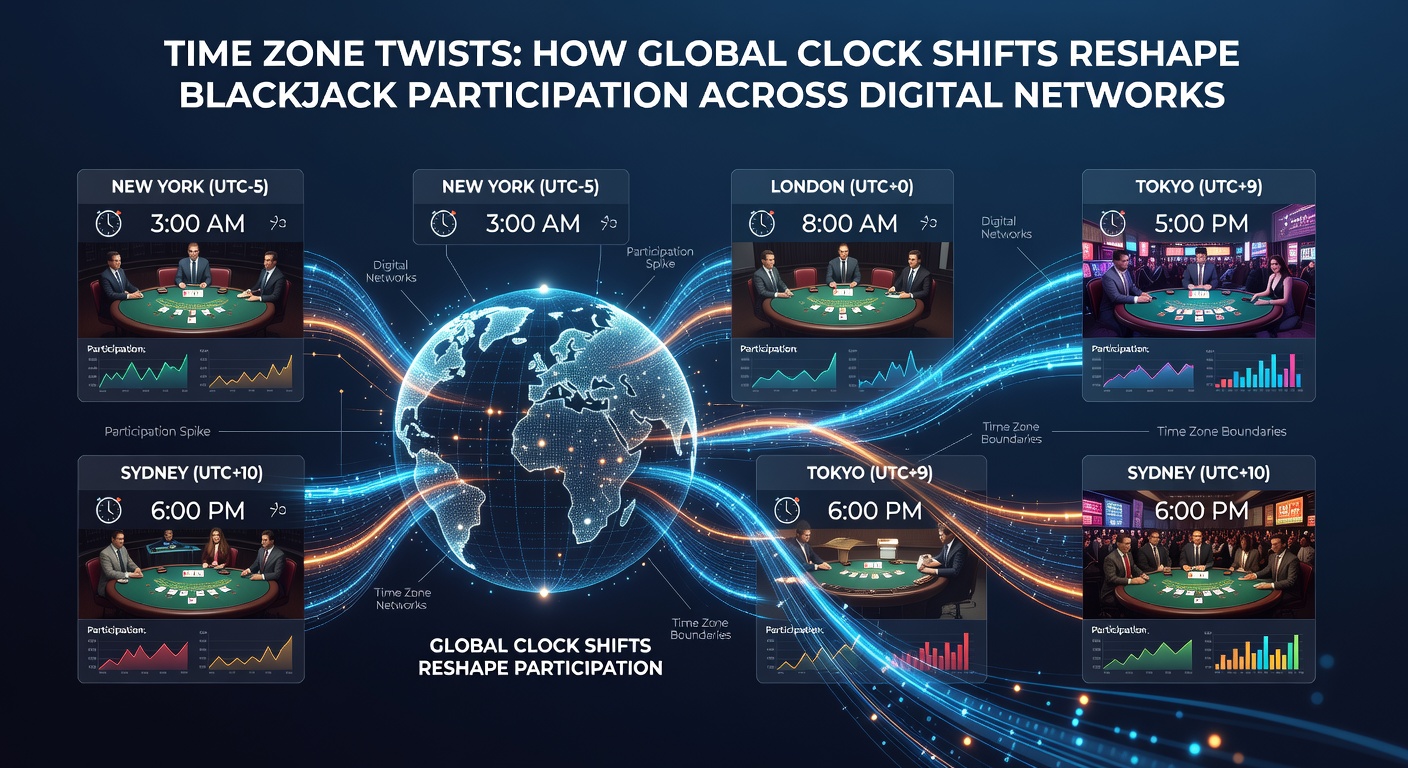 Digital blackjack tables showing player activity across multiple time zones with clock icons