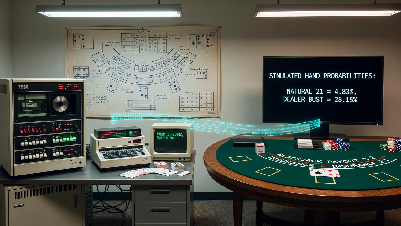 Vintage mainframe computer room from the 1960s with tape drives and early blackjack probability printouts scattered on a console