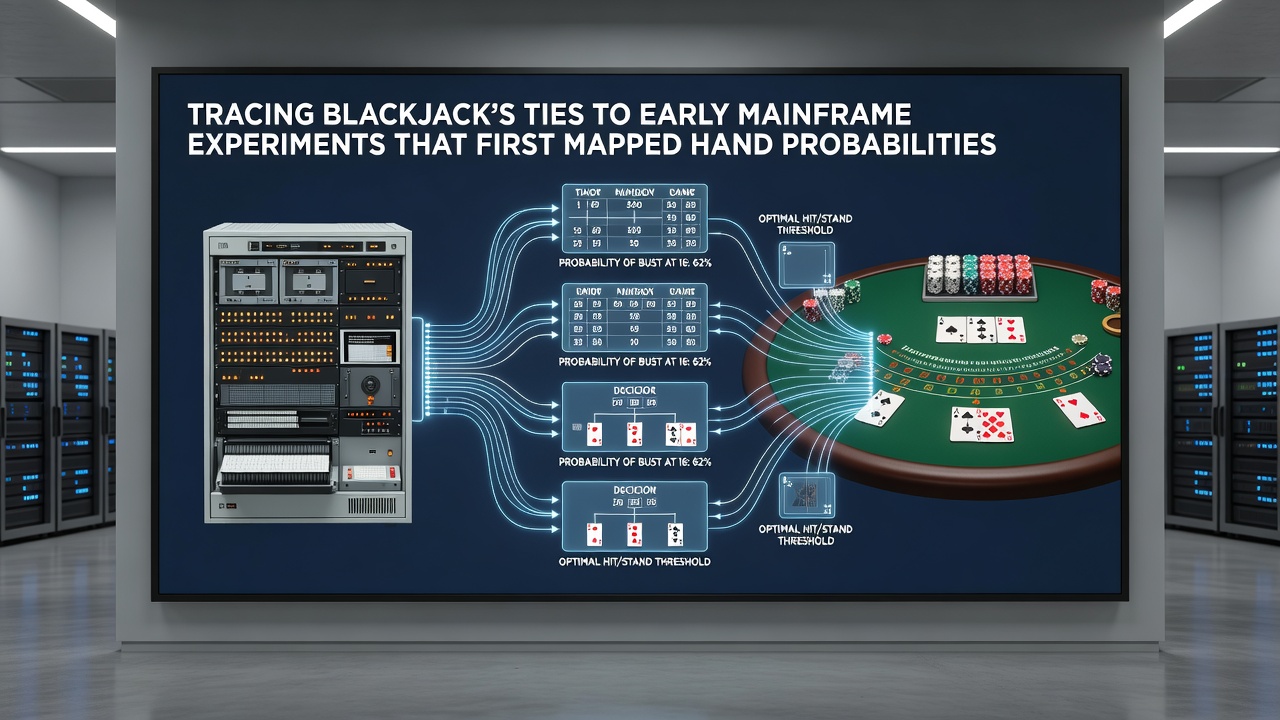 Close-up of 1960s computer printout showing blackjack hand probability tables and early strategy decision columns