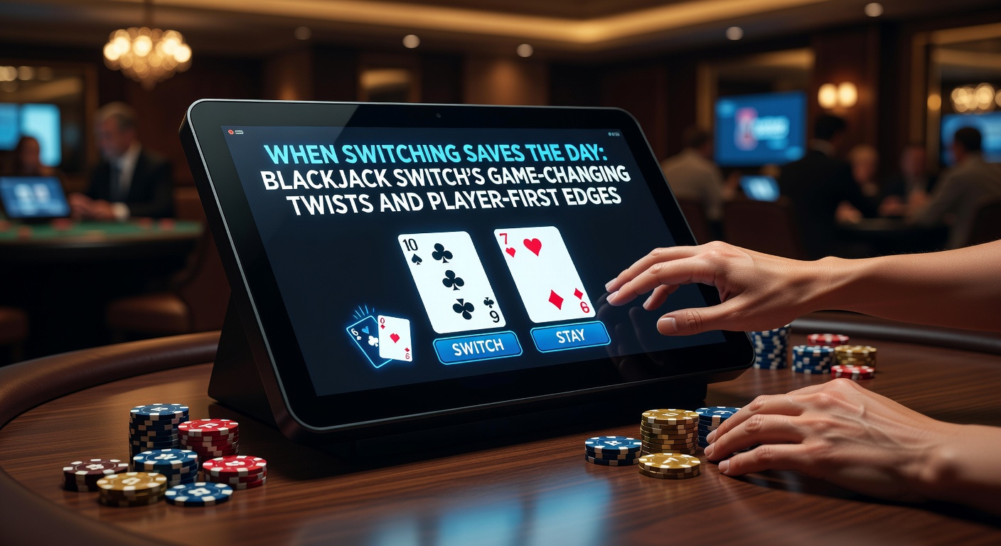 A blackjack table highlighting the switch mechanic, with two player hands showing swapped cards and a dealer peeking at community cards