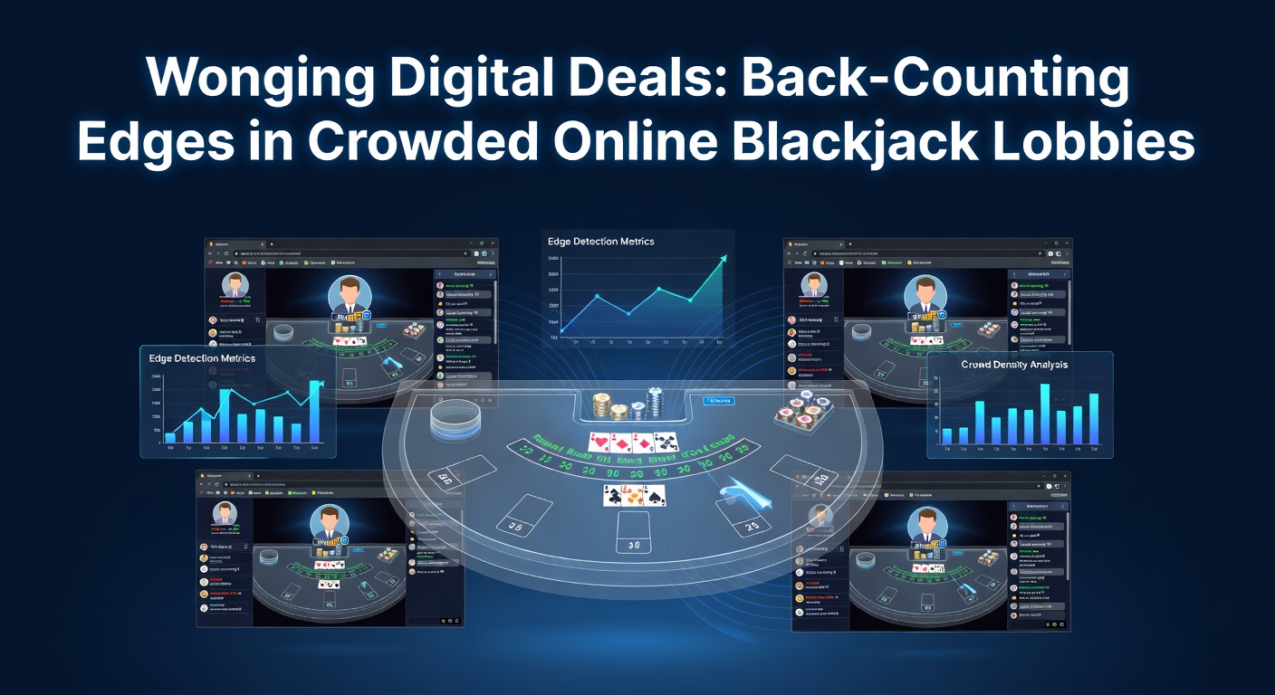 Digital screens displaying multiple online blackjack tables in a crowded lobby, with count trackers overlayed for back-counting strategies